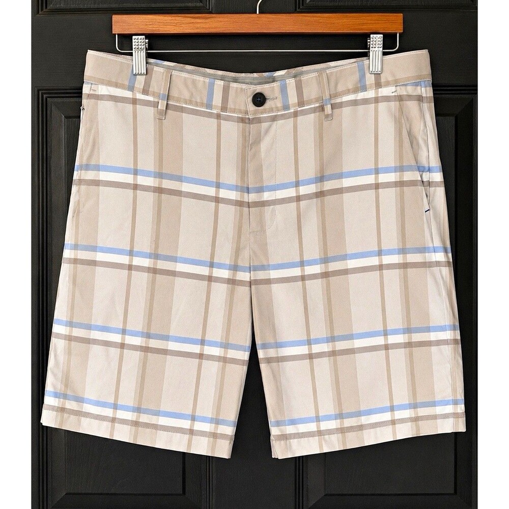 Tommy Bahama Men’s Beige Blue White Plaid Golf Shorts Nylon Stretch Pockets